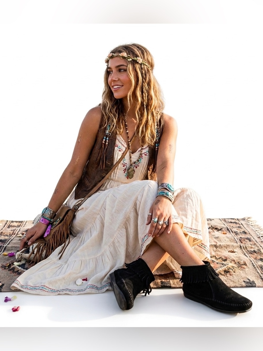 Comfort Ease Black Leather Upper Fringe Ankle Boots Festival Concert Western